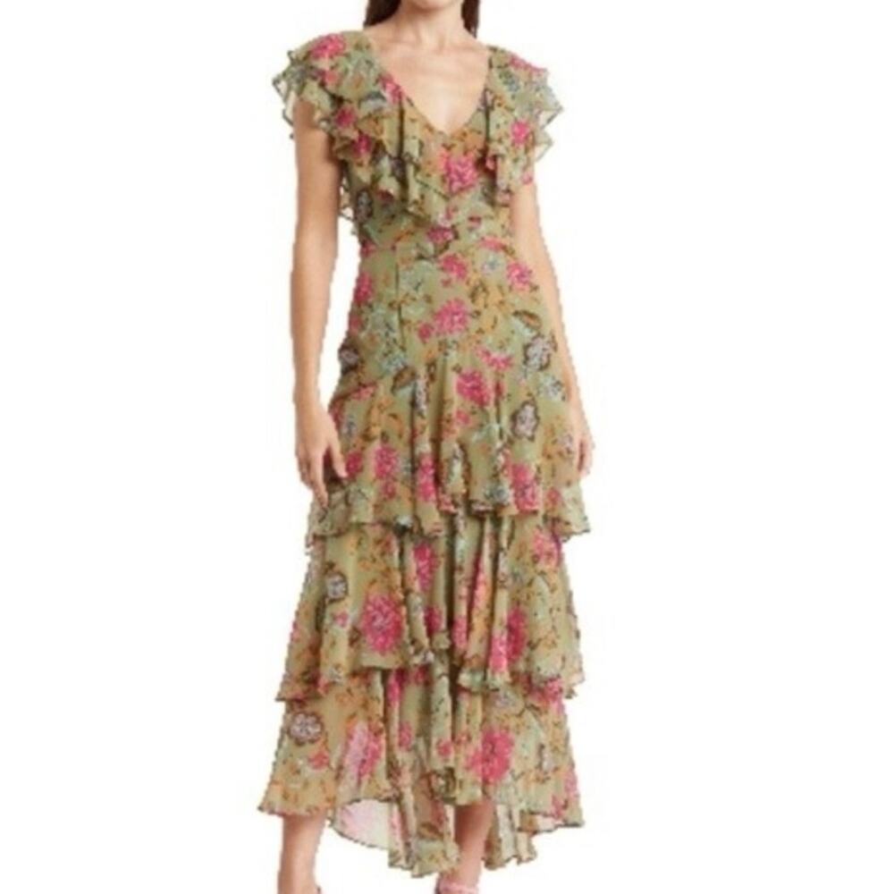 WAYF Floral Ruffle Maxi Dress XL Olive Green Tiered High Low Boho Romantic